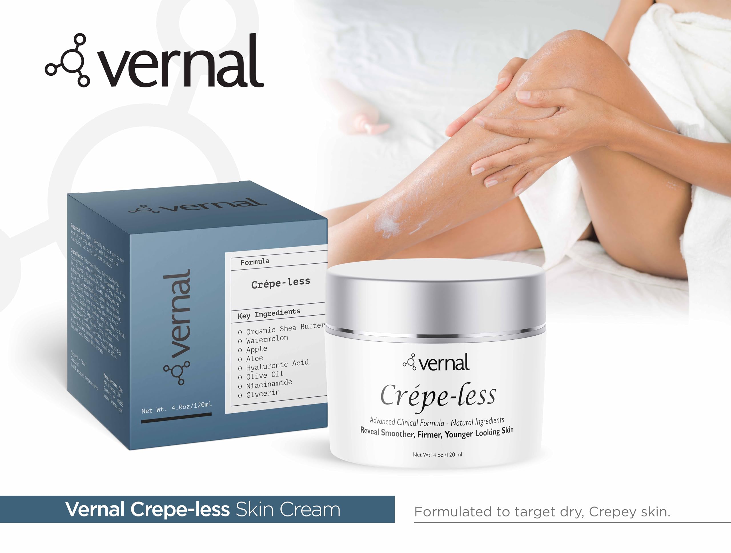 Vernal Crepe-less, absorption rapide après application sur la peau.