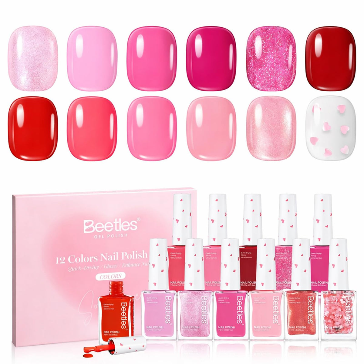 Beetles Gel Polish Valentine Love's Prism, ensemble de 12 couleurs pour ongles festifs.