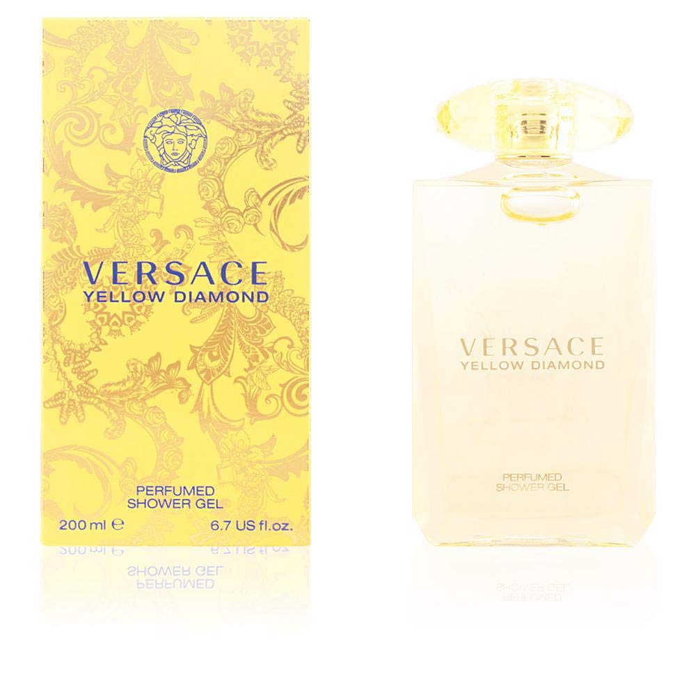 Gel douche Versace Yellow Diamond, jet d'eau visibles, parfum frais pour une routine quotidienne.