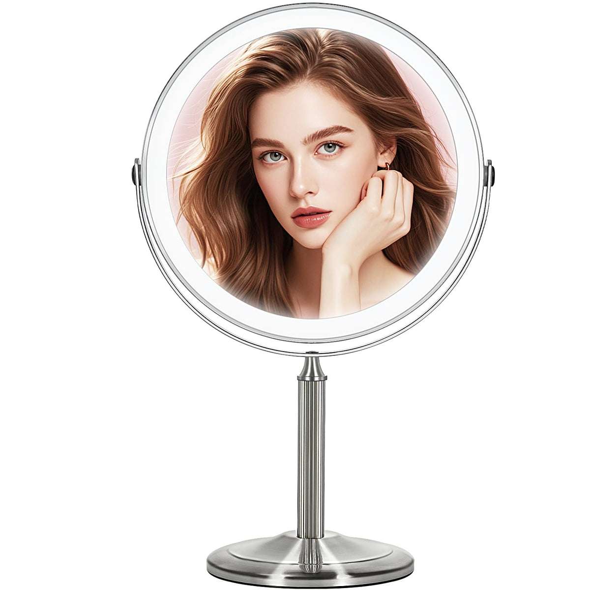 Miroir VESAUR 15x avec éclairage, vue d’ensemble nette pour maquillage précis.