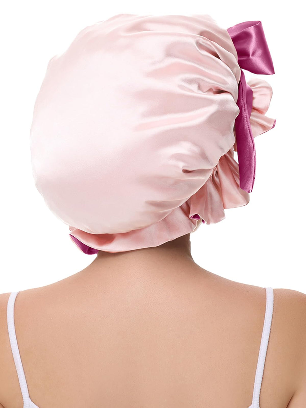 Vettres bonnet satin rose, texture douce, retient l'hydratation des cheveux toute la nuit.
