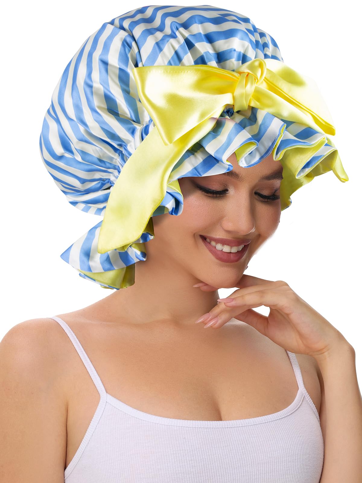 Bonnet satin bleu rayures Vettres, couleur vive et protection douce des cheveux.
