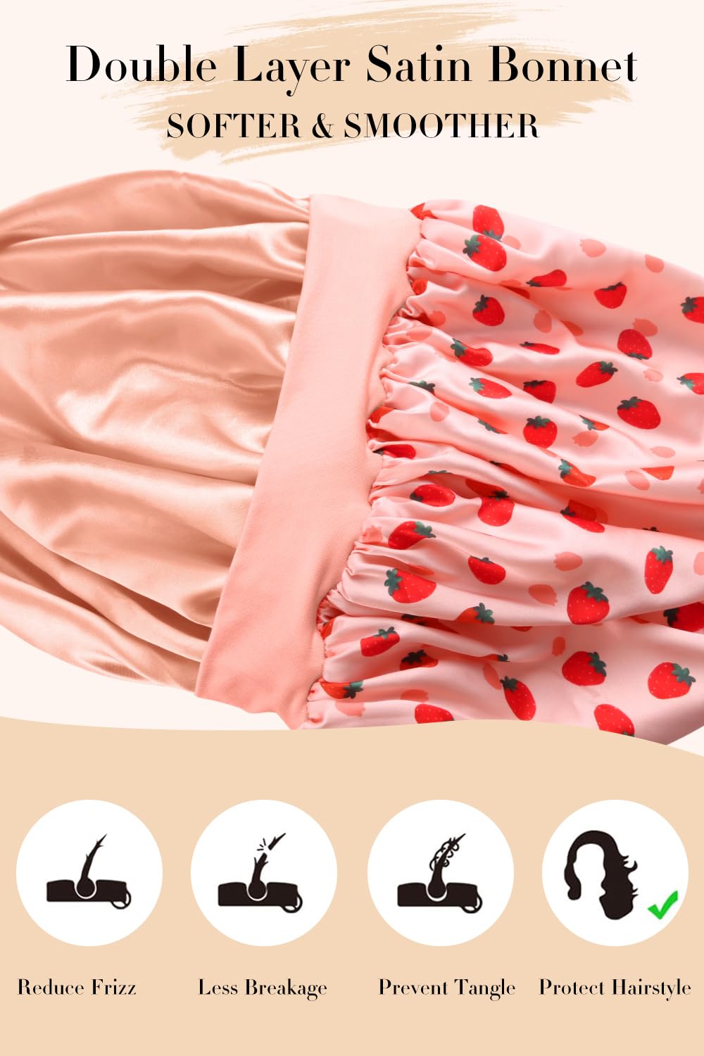 Bonnet satin Vettres, design pratique pour boucles et extensions, motif fraises