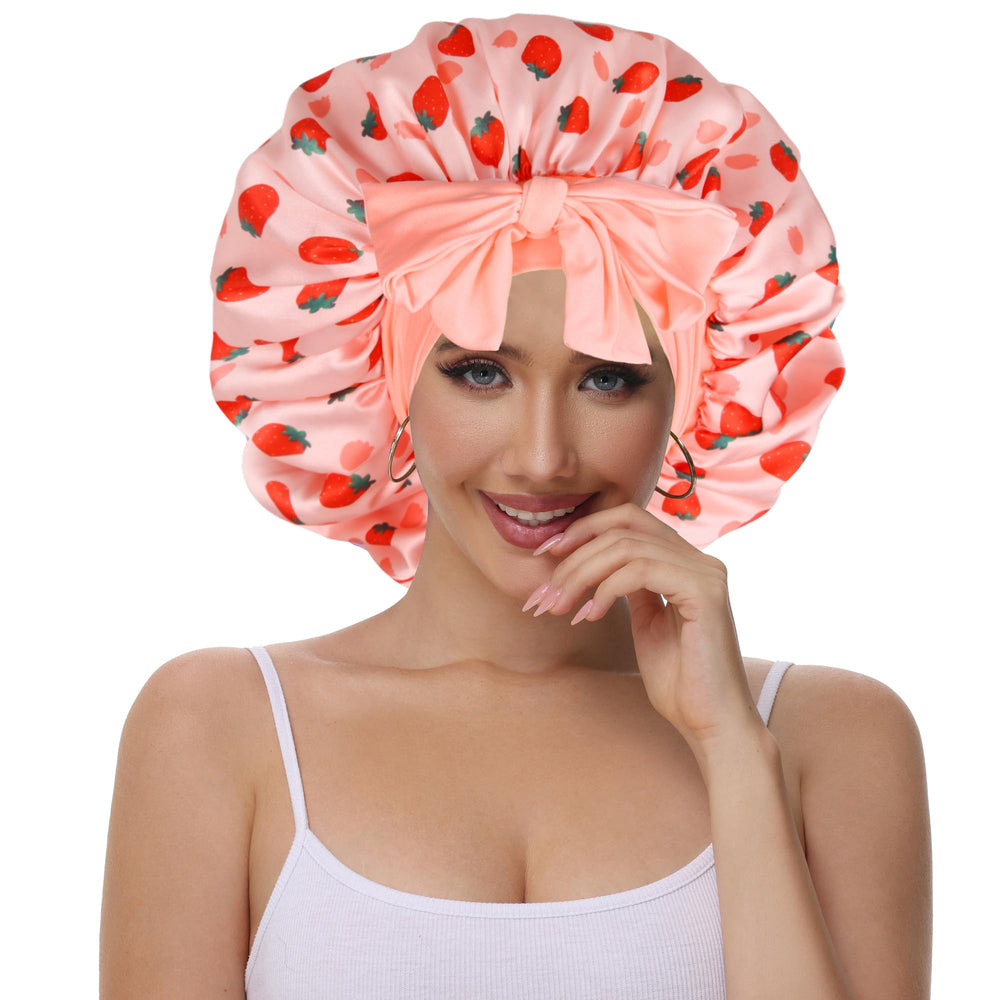 Bonnet satin Vettres double couche, motif fraises, maintien nocturne sans glissement