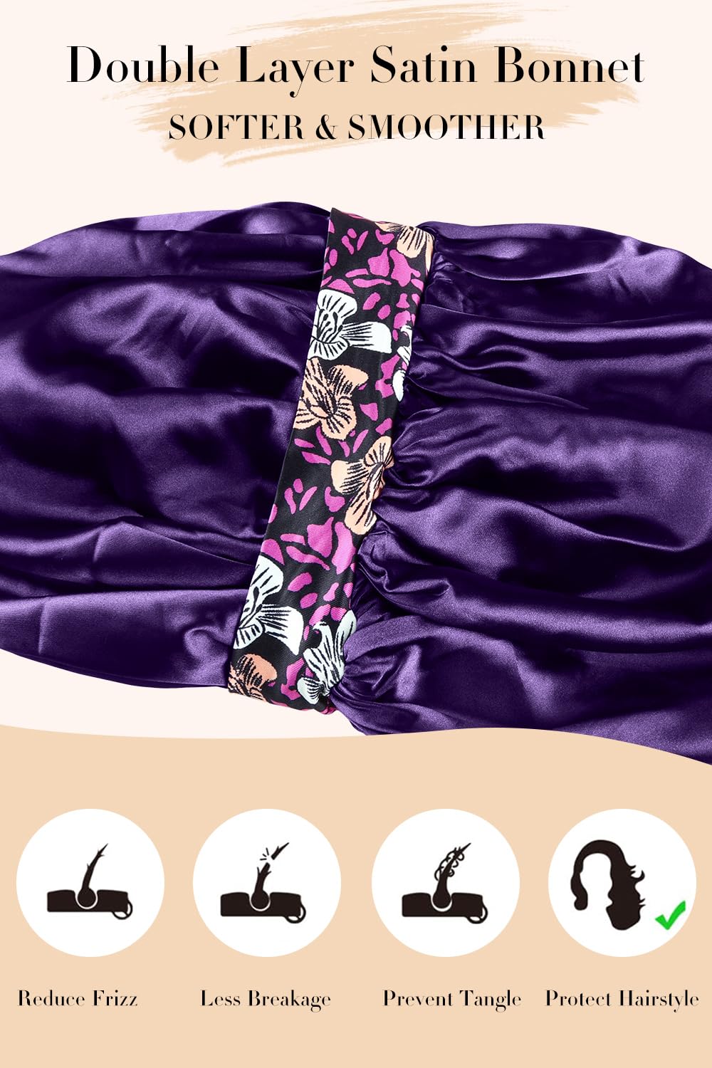 Bonnet Vettres satin pour nuits et routines beauté, utile après le lavage du visage.