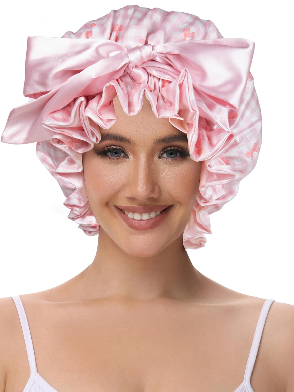Bonnet Vettres satin rose, vue arrière, maintien sûr toute la nuit.