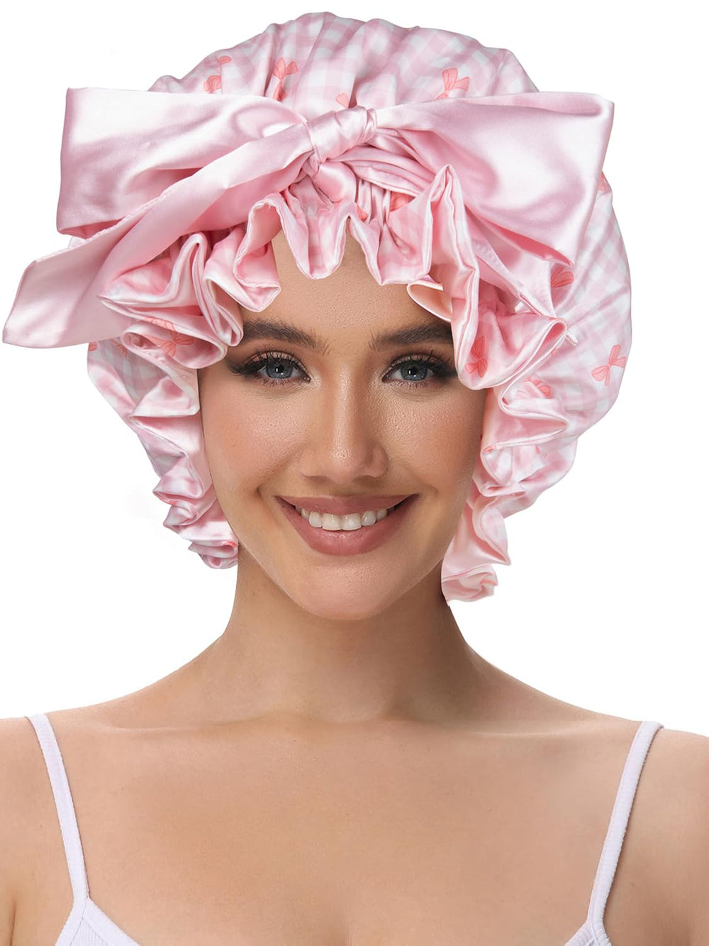 Bonnet Vettres satin rose, vue arrière, maintien sûr toute la nuit.