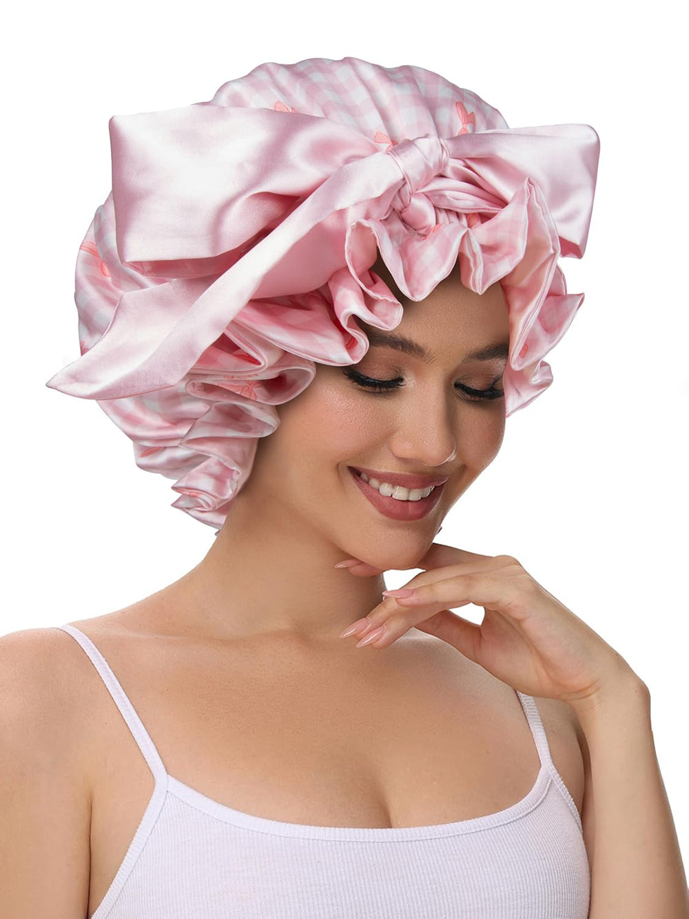 Bonnet Vettres satin rose, noeud blanc, allure chic pour vos moments détente.
