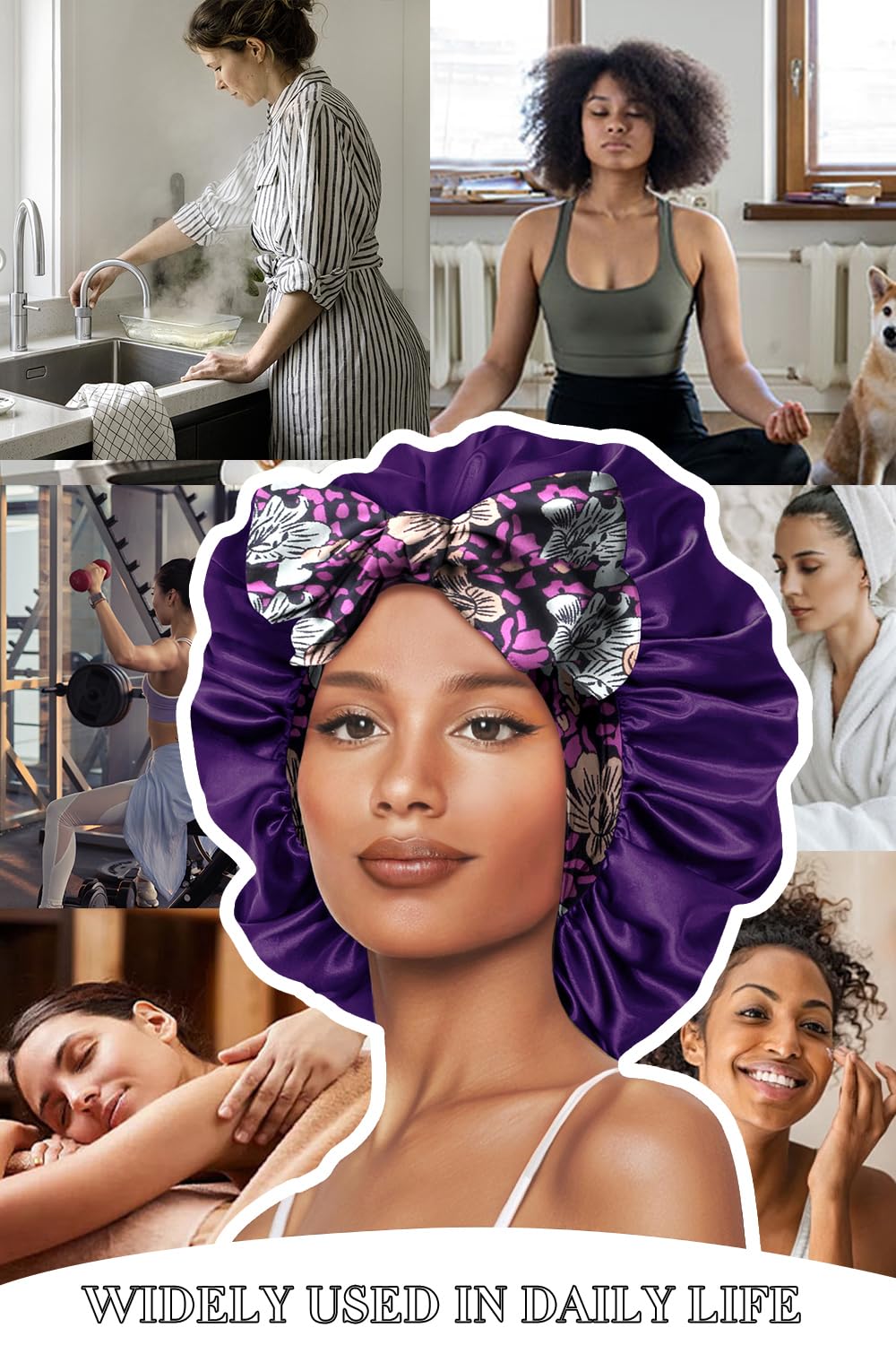 Bonnet en satin Vettres pour soins nocturnes et tâches ménagères.