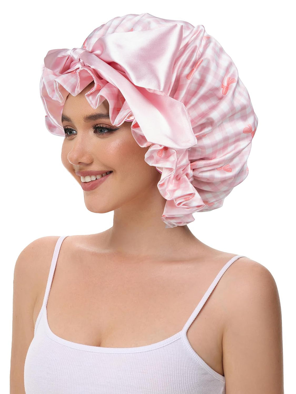 Bonnet Vettres satin rose, usage quotidien pour cheveux bouclés.