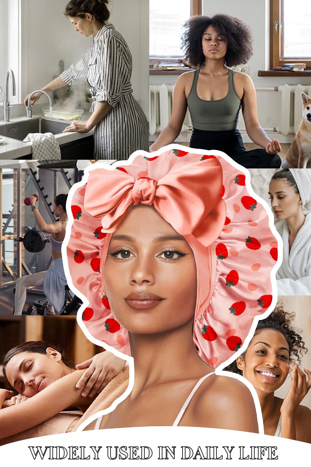 Vettres bonnet satin polyvalent, motif fraises, usage nocturne et soins du visage