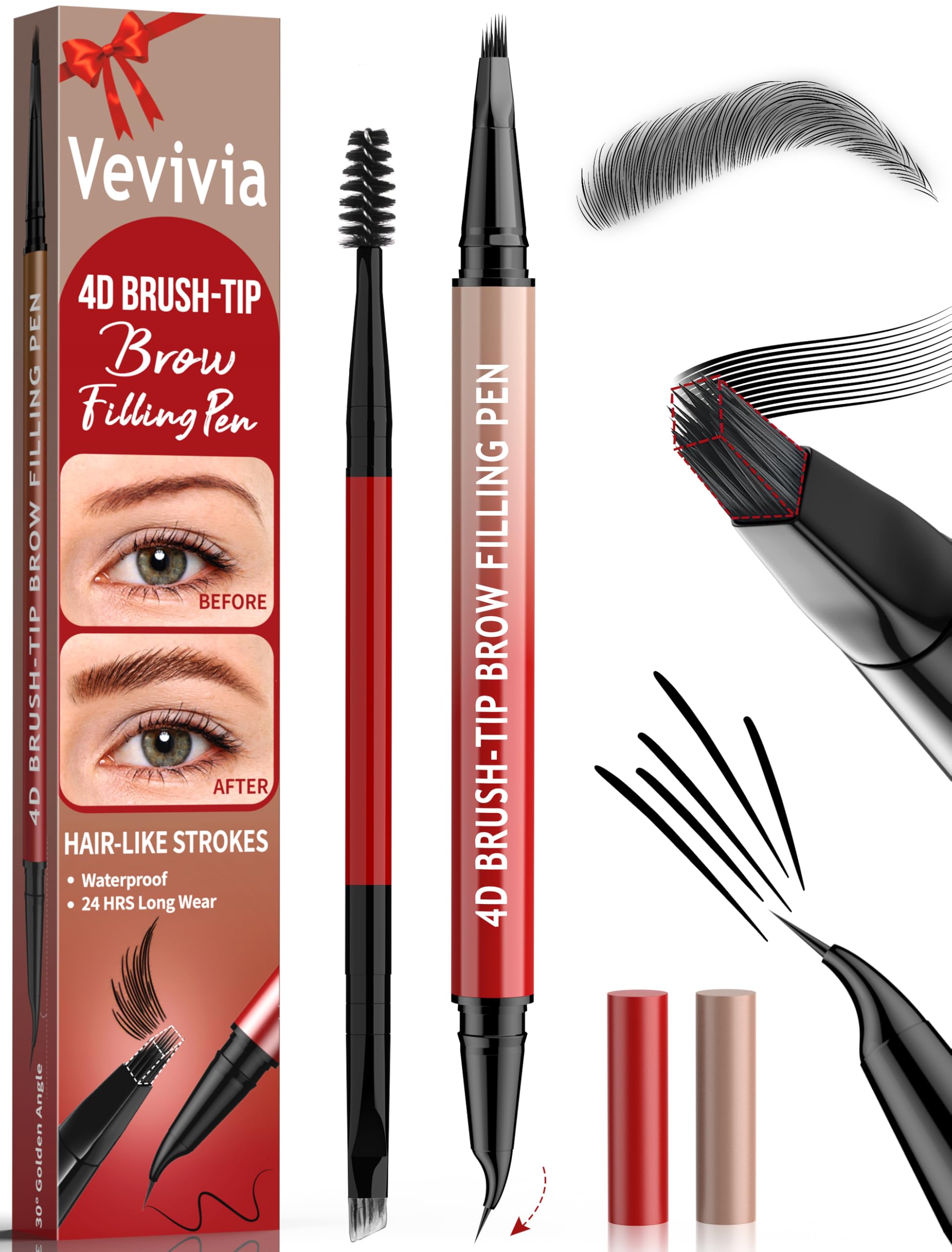 Crayon sourcils Vevivia avec brosse 4D et pointe incurvée pour un look naturel.