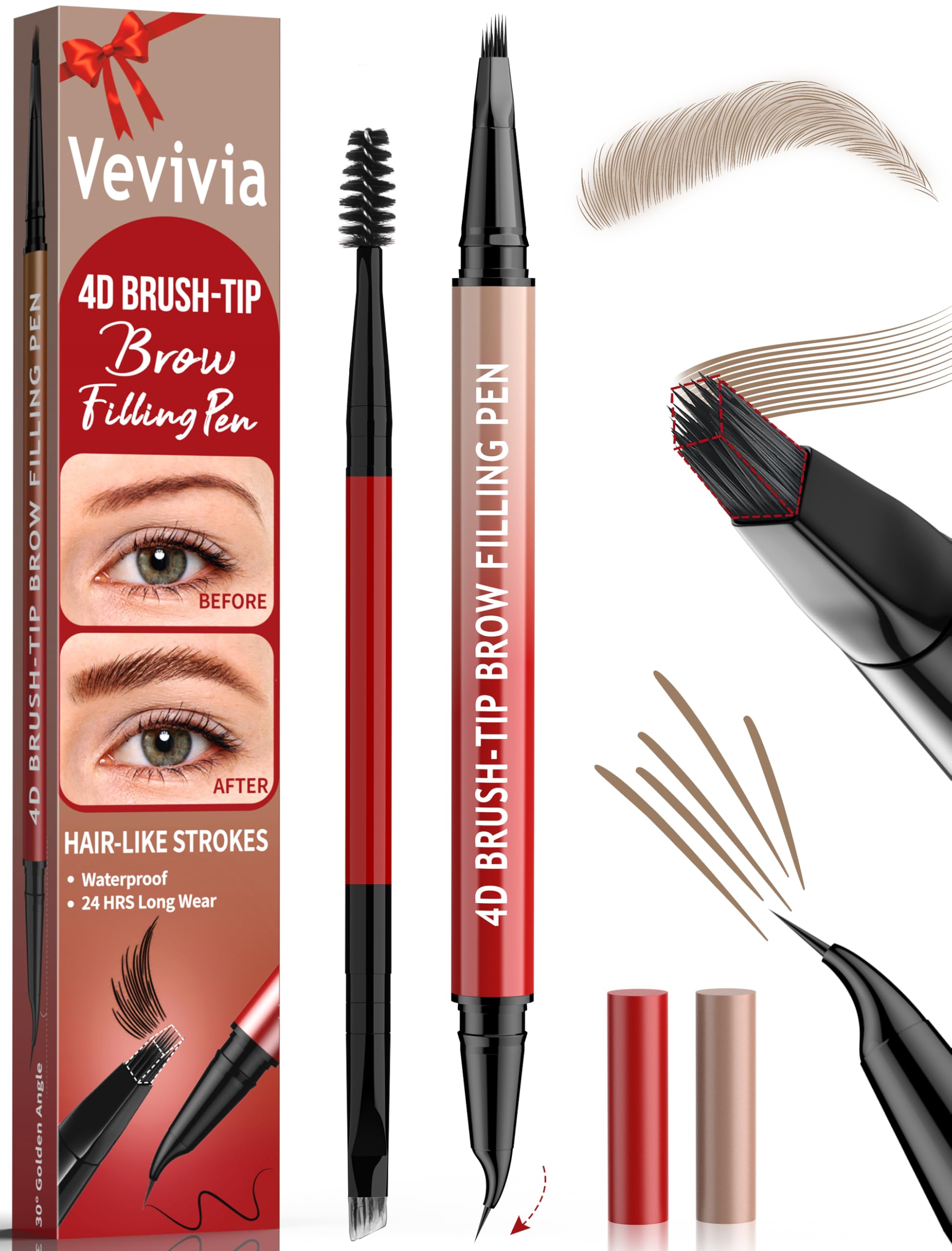 Crayon sourcils Vevivia avec brosse 4D et pointe courbée pour un effet poil à poil.