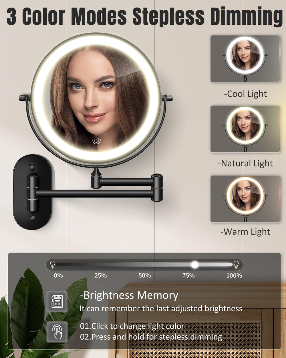 Miroir VFD autonomie longue, batterie 3500mAh et USB-C inclus.