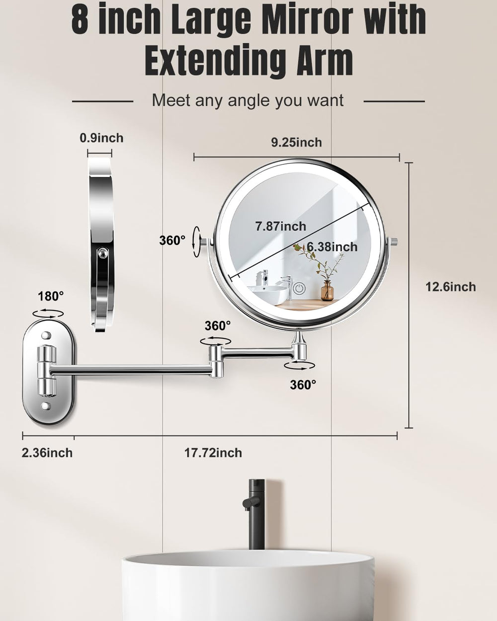 Miroir VFD bras extensible pour un positionnement précis.
