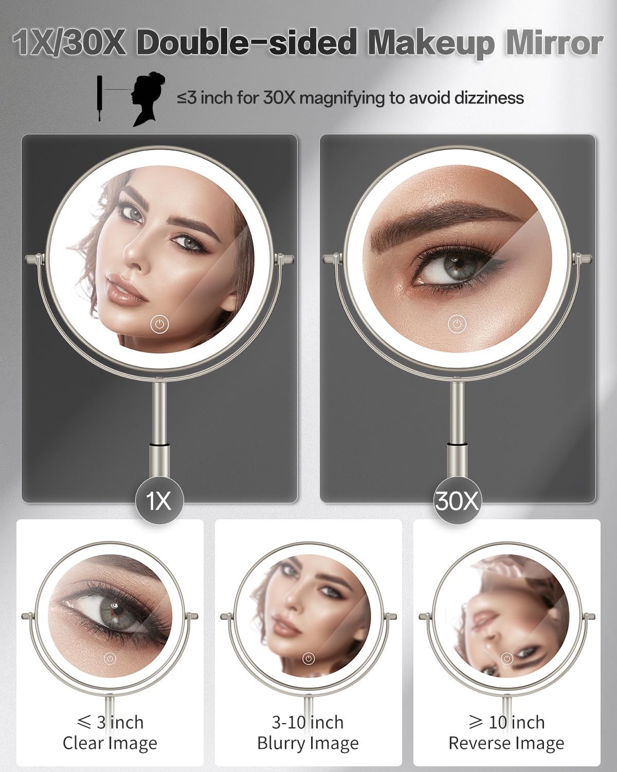 Miroir VFD 30x détail élargi pour maquillage délicat.