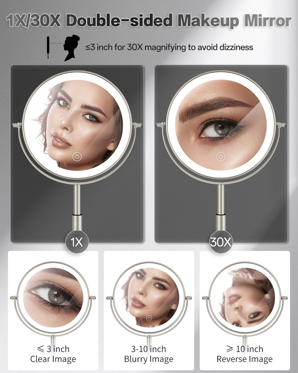 Miroir VFD 30x détail élargi pour maquillage délicat.
