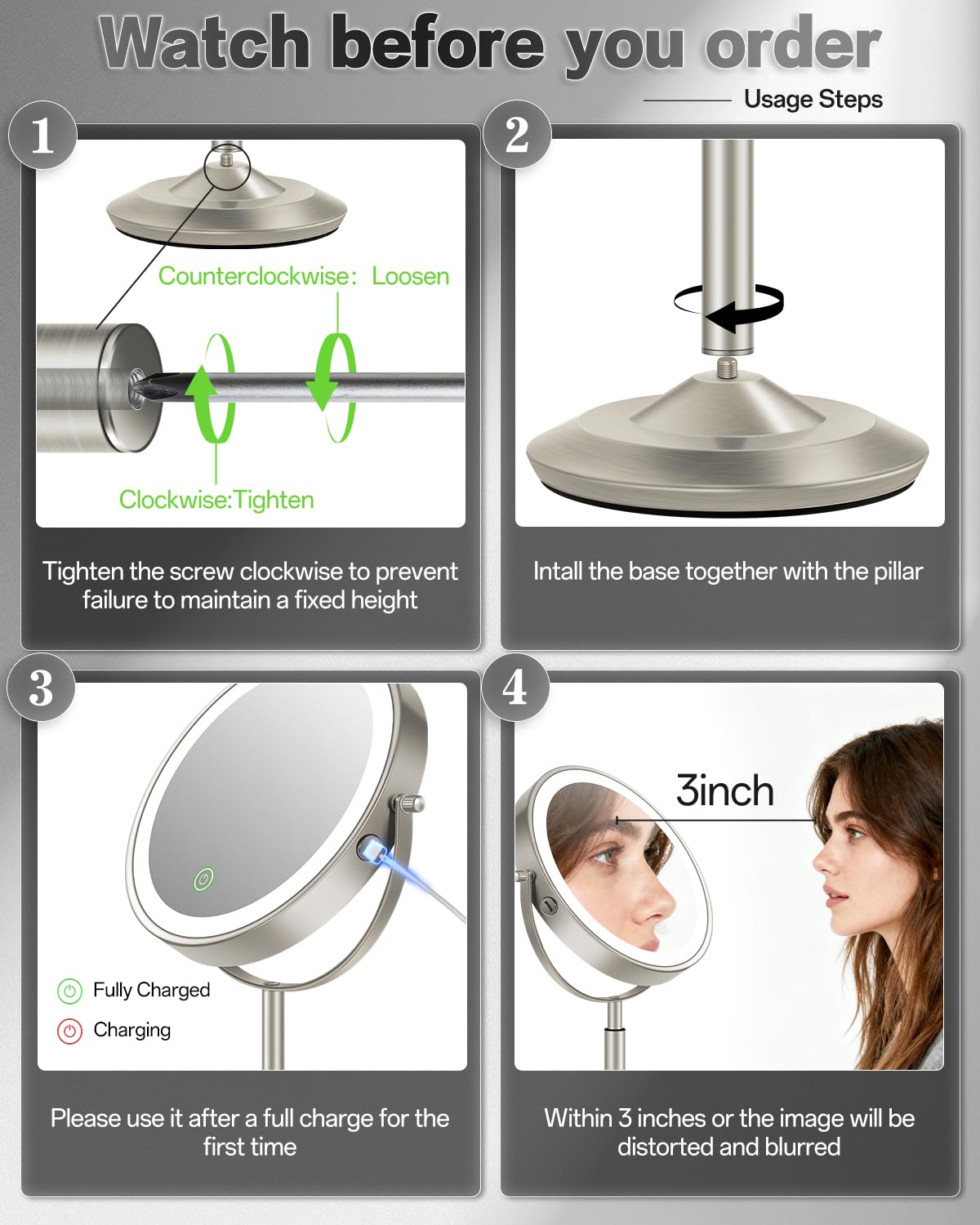 Miroir VFD double face 30x et 1x pour détails précis du visage.
