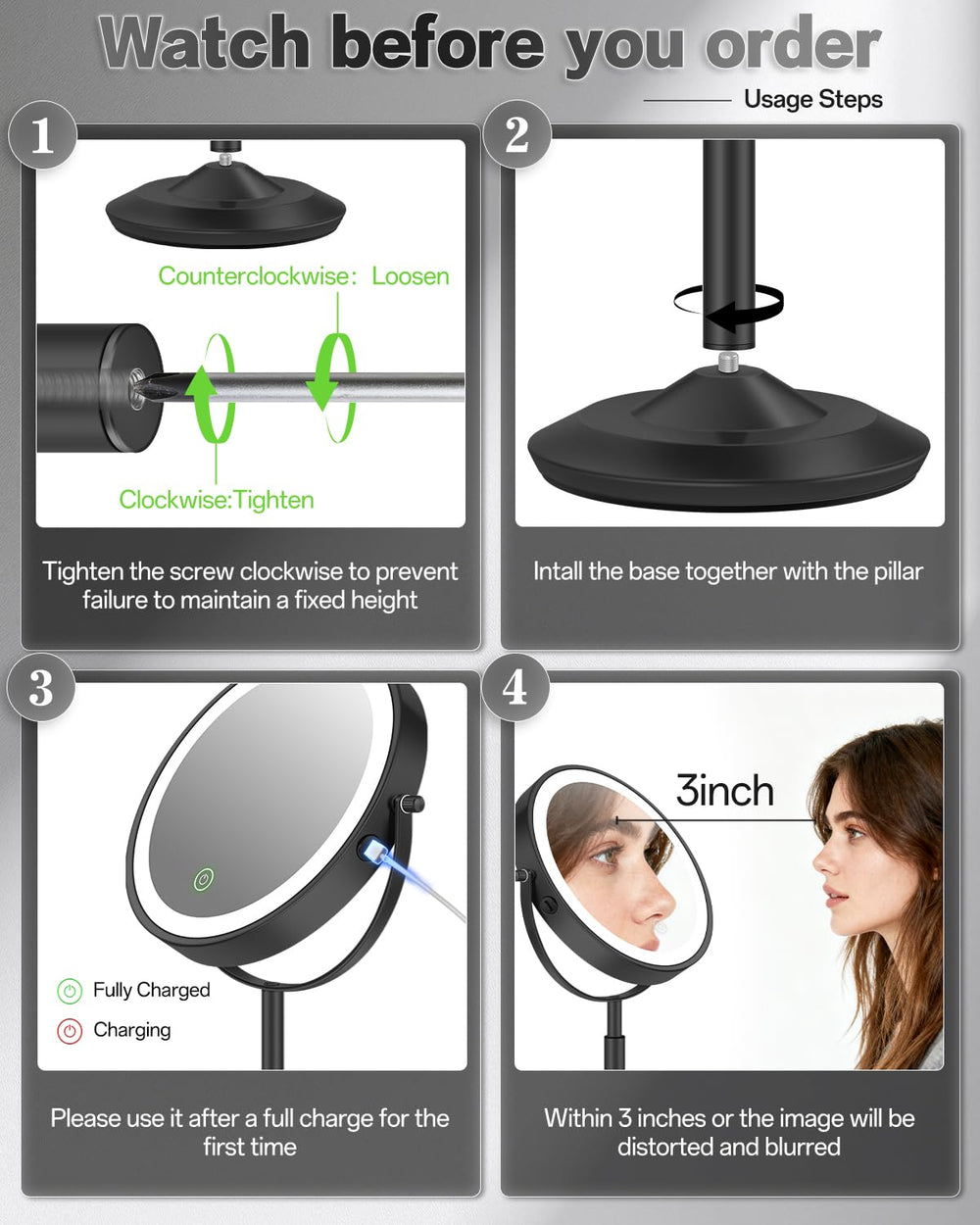 Miroir VFD double-face 30X/1X avec détail des yeux et sourcils.