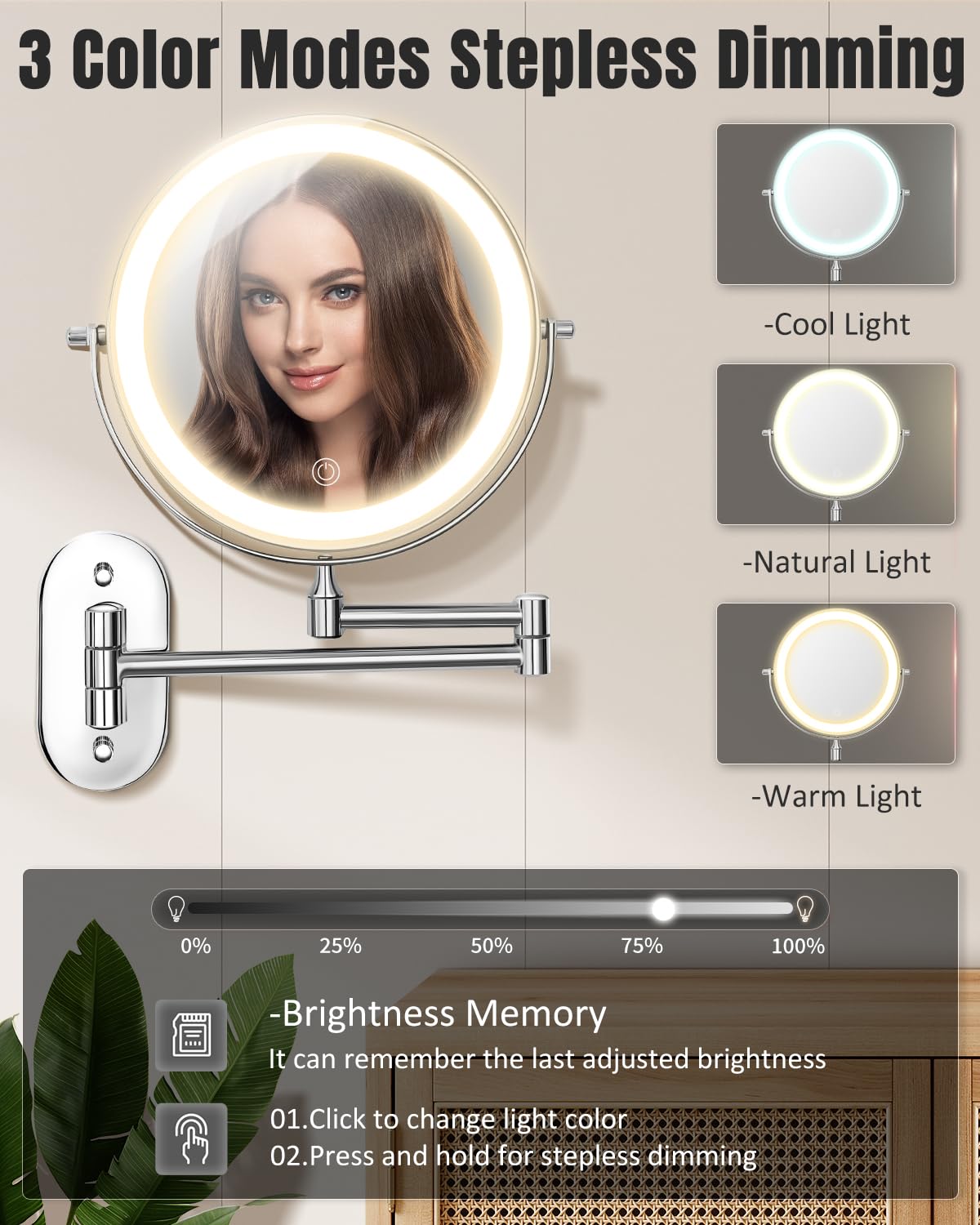 Miroir VFD rechargeable sans fil via type-c pour salon.