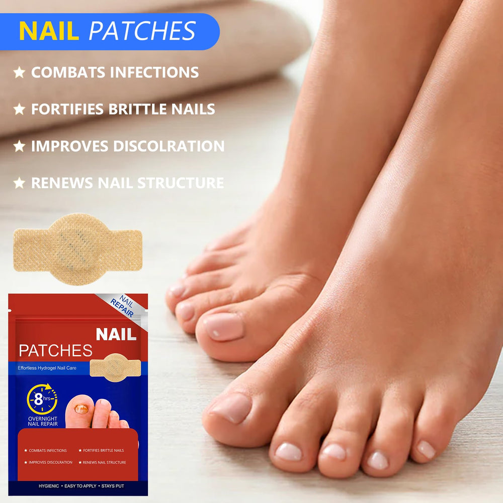 Patchs nocturnes VFFWBB sur ongles décolorés, amélioration visible au réveil.