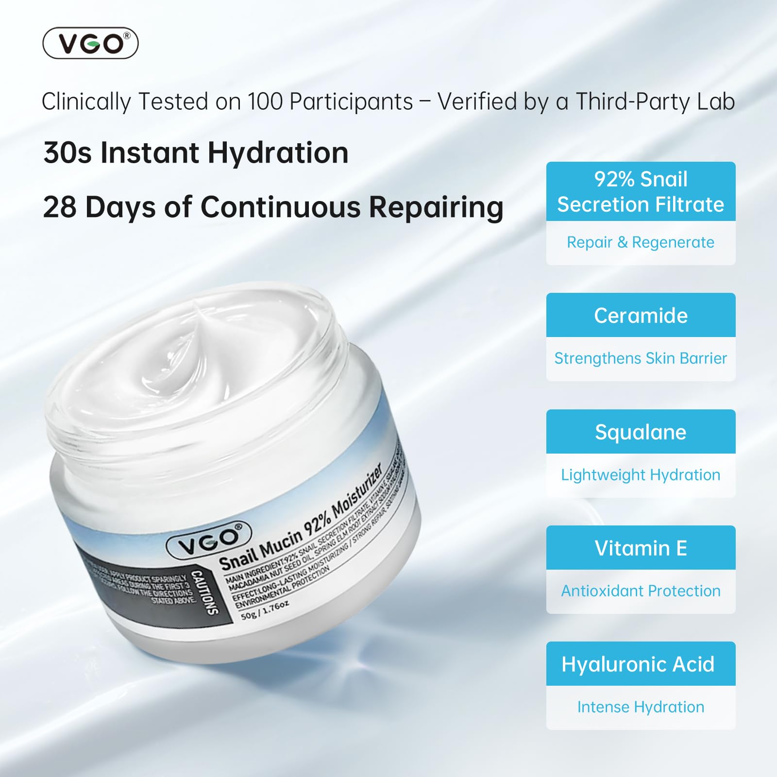 Texture mucine escargot 92, crème VGO pour peau hydratante et revitalisée.