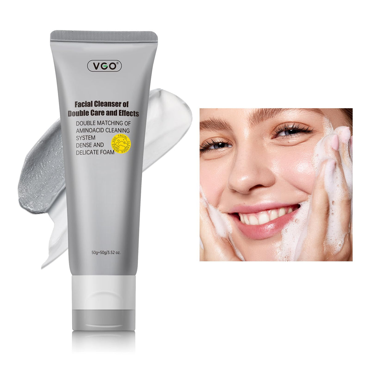 VGO dual-tube cleanser white tube for gentle daily cleansing.