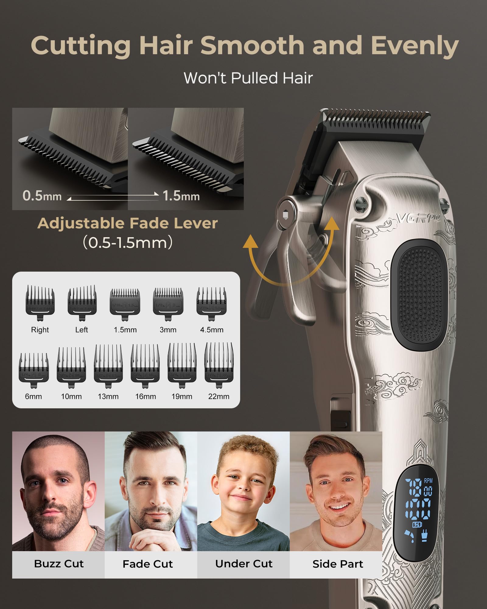Trimmer VGRPRO lame zéro-écart, précision sur barbe et contours.