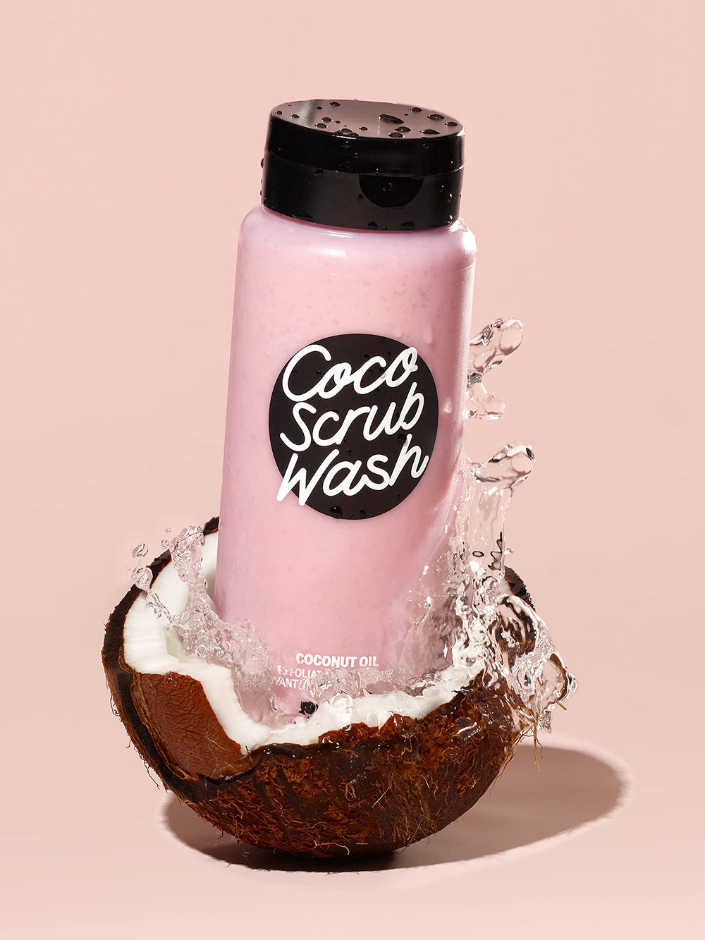 Victoria's Secret Pink Coco Scrub Wash : gouttes d'huile de coco visibles, soin nourrissant.