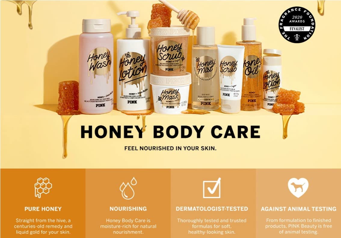 Victoria's Secret Pink Honey Nourishing Gel Body Wash shower scene suggests spa-like routine