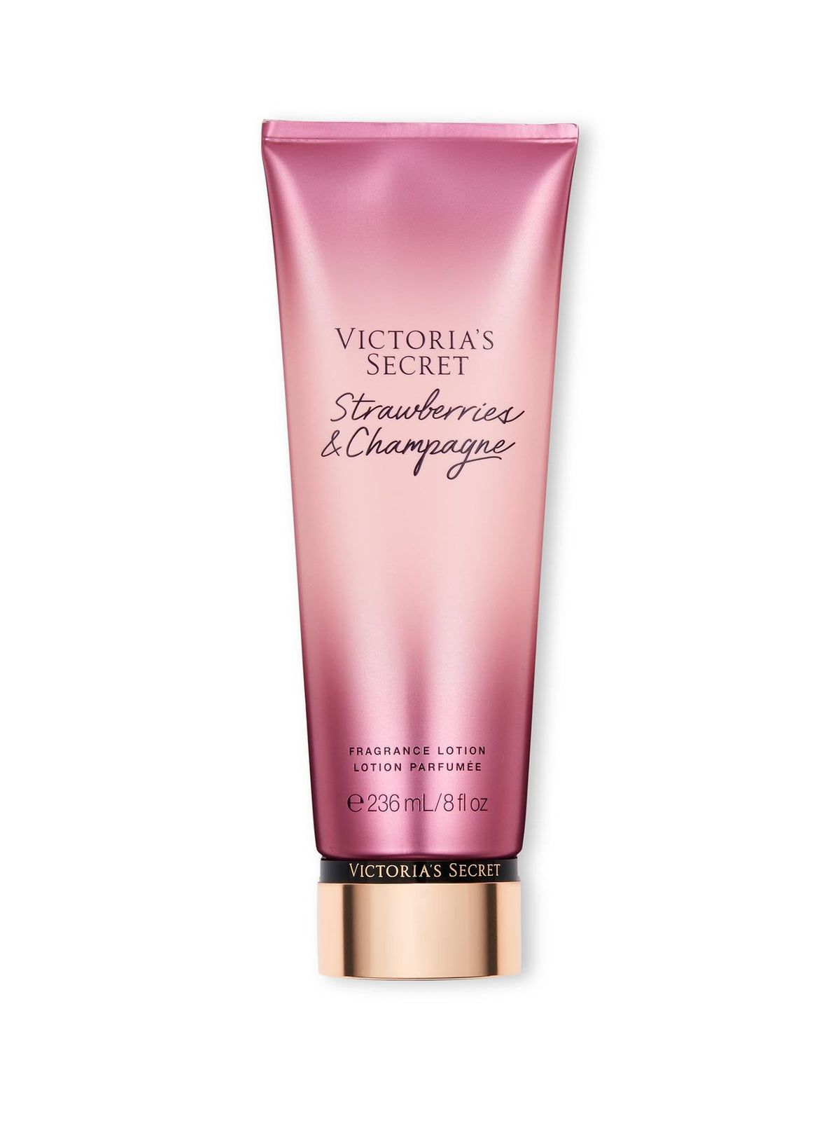 Victoria's Secret Strawberries & Champagne lotion bottle with floral fruity fragrance for daily wear.