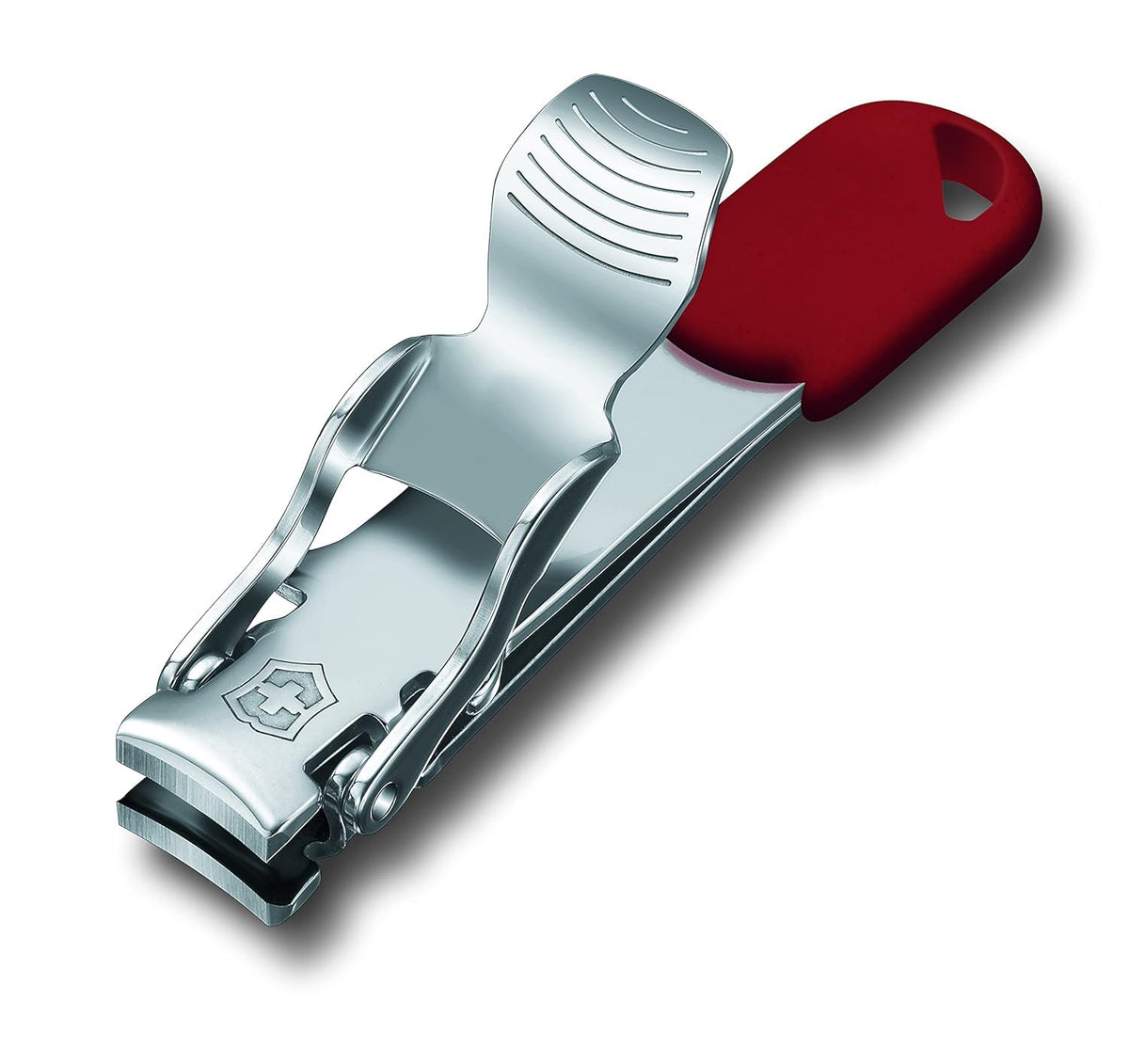Cisailles à ongles Victorinox rouge avec trou de lanière, pratique pour retouches rapides.