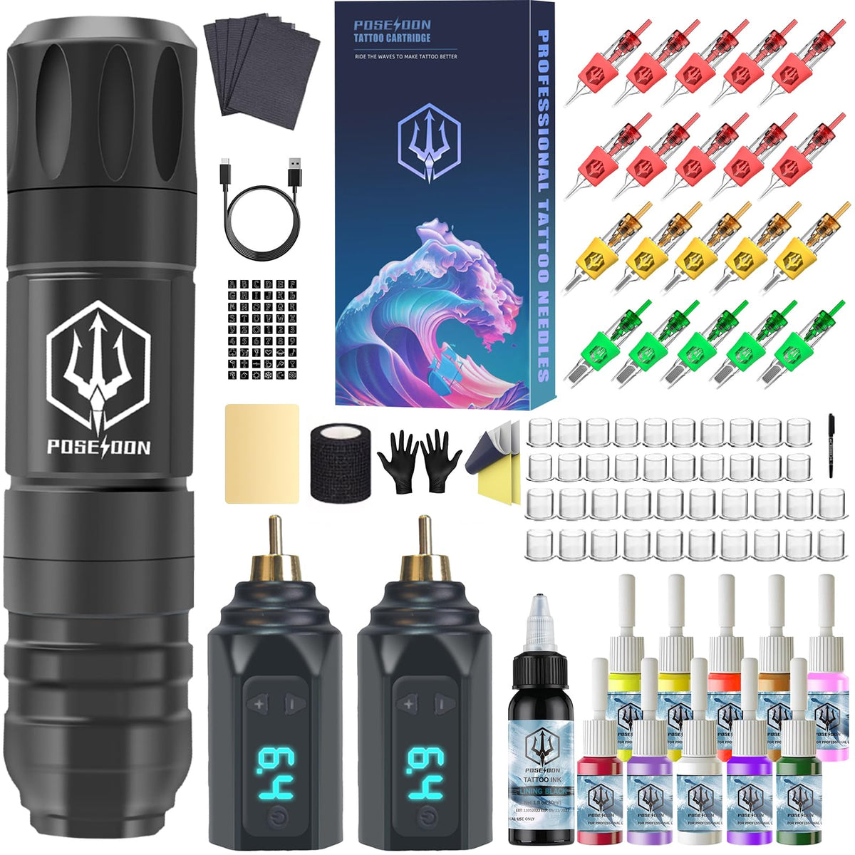 Vidattx Poseidon stylo tatouage sans fil en action pour sessions à domicile.