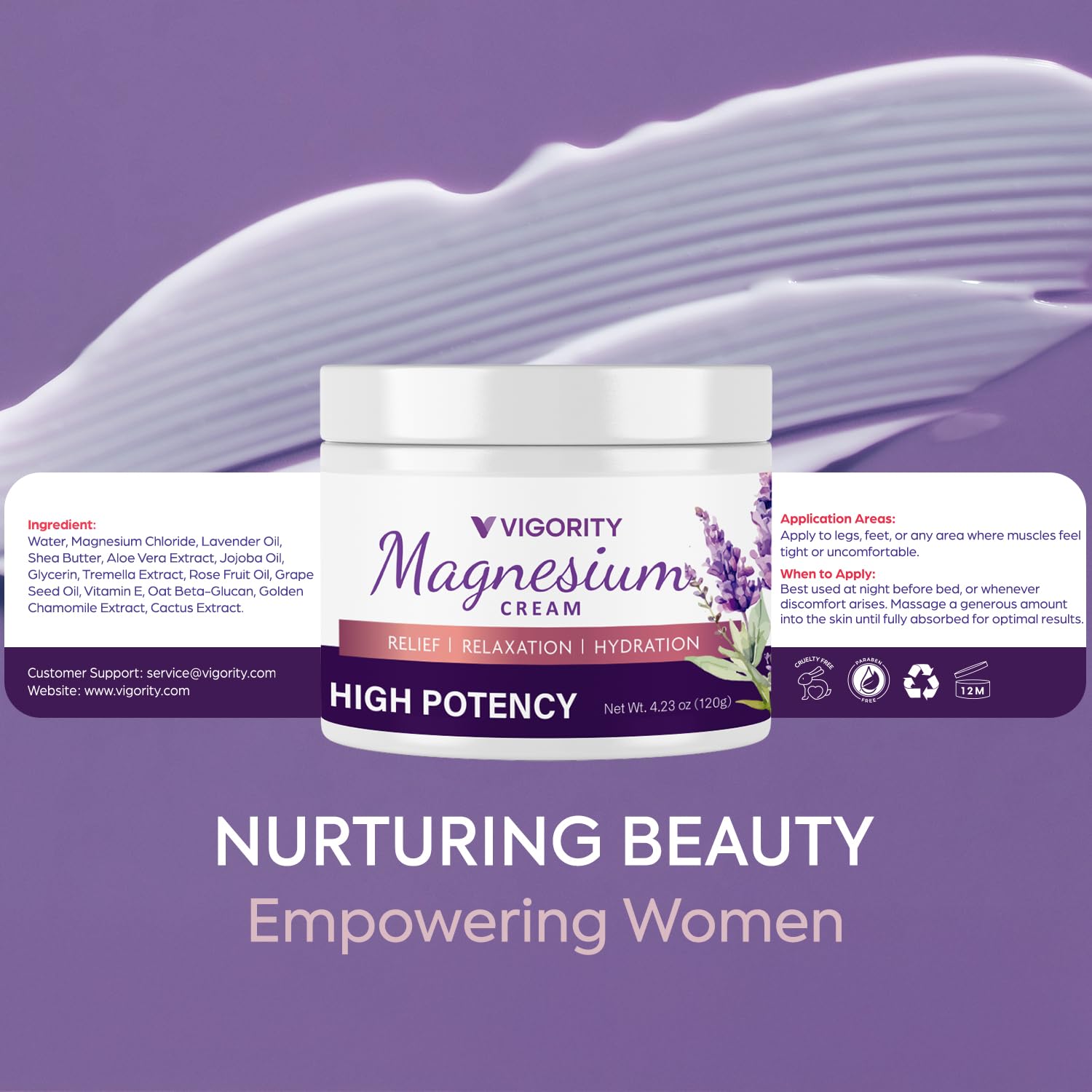Vigority Lotion Magnesium: texture crème soyeuse prête à l'application sur peau.
