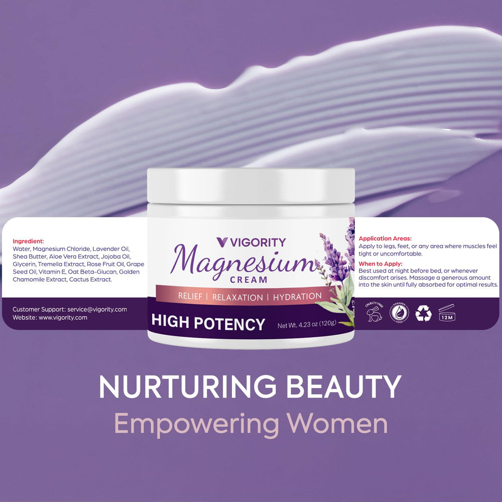 Vigority Lotion Magnesium: texture crème soyeuse prête à l'application sur peau.