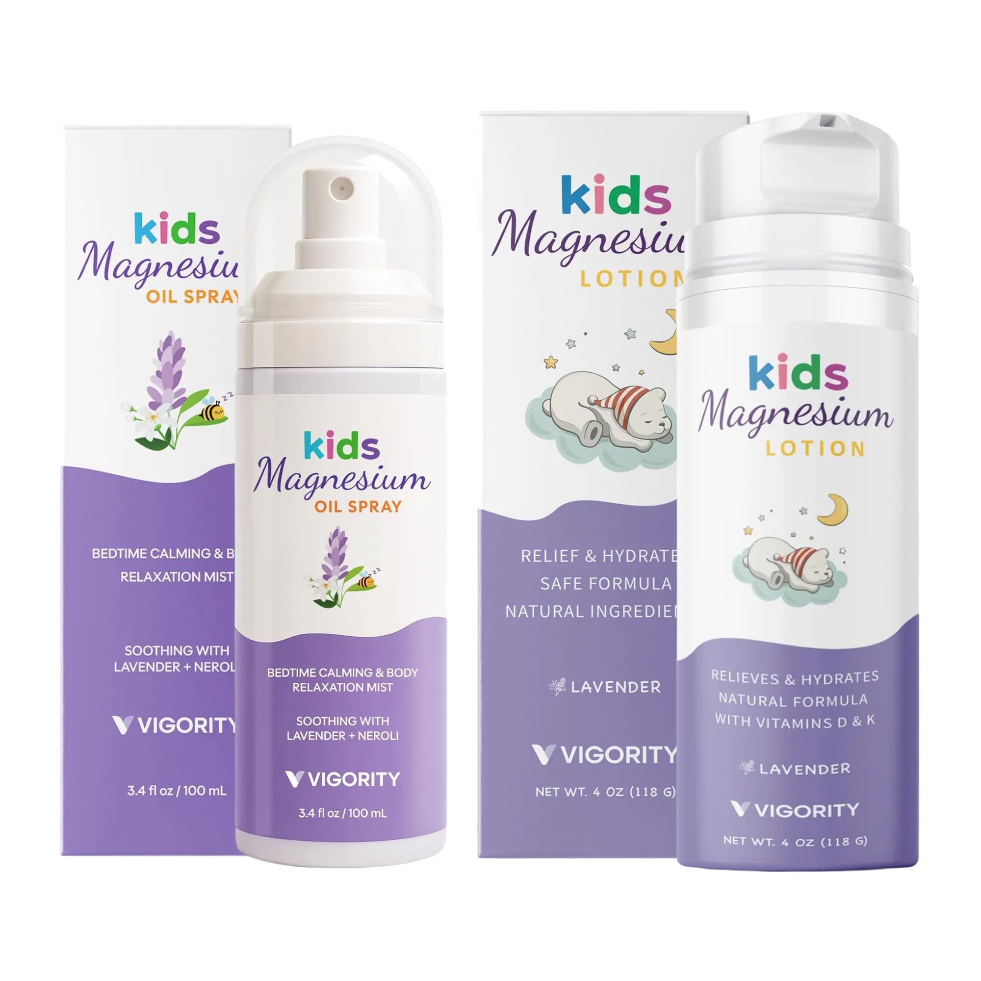 Lotion magnésium pour enfants Vigority à la lavande, texture apaisante.