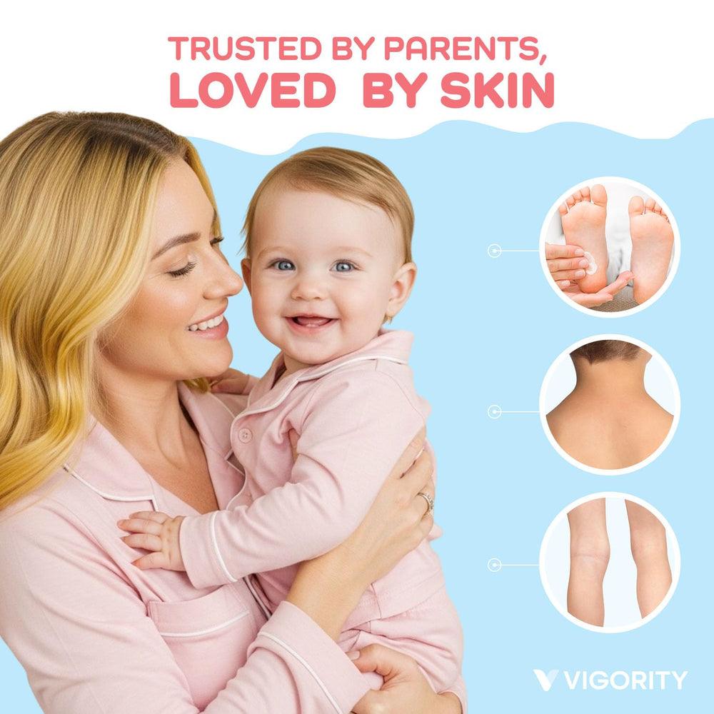 Close-up of Vigority unscented label, fragrance-free formula for sensitive skin.
