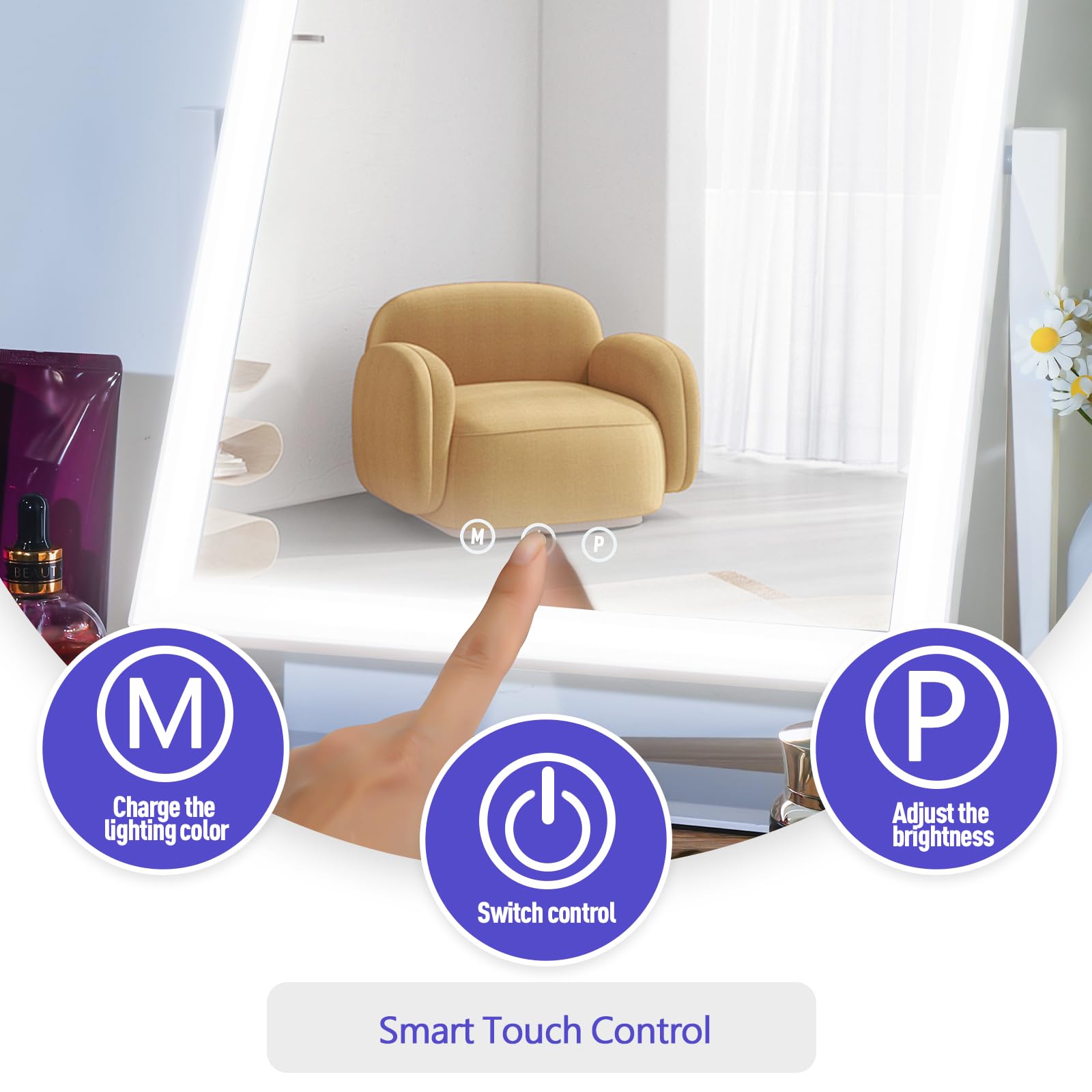 ViKert Miroir contrôle tactile pour régler luminosité facilement.
