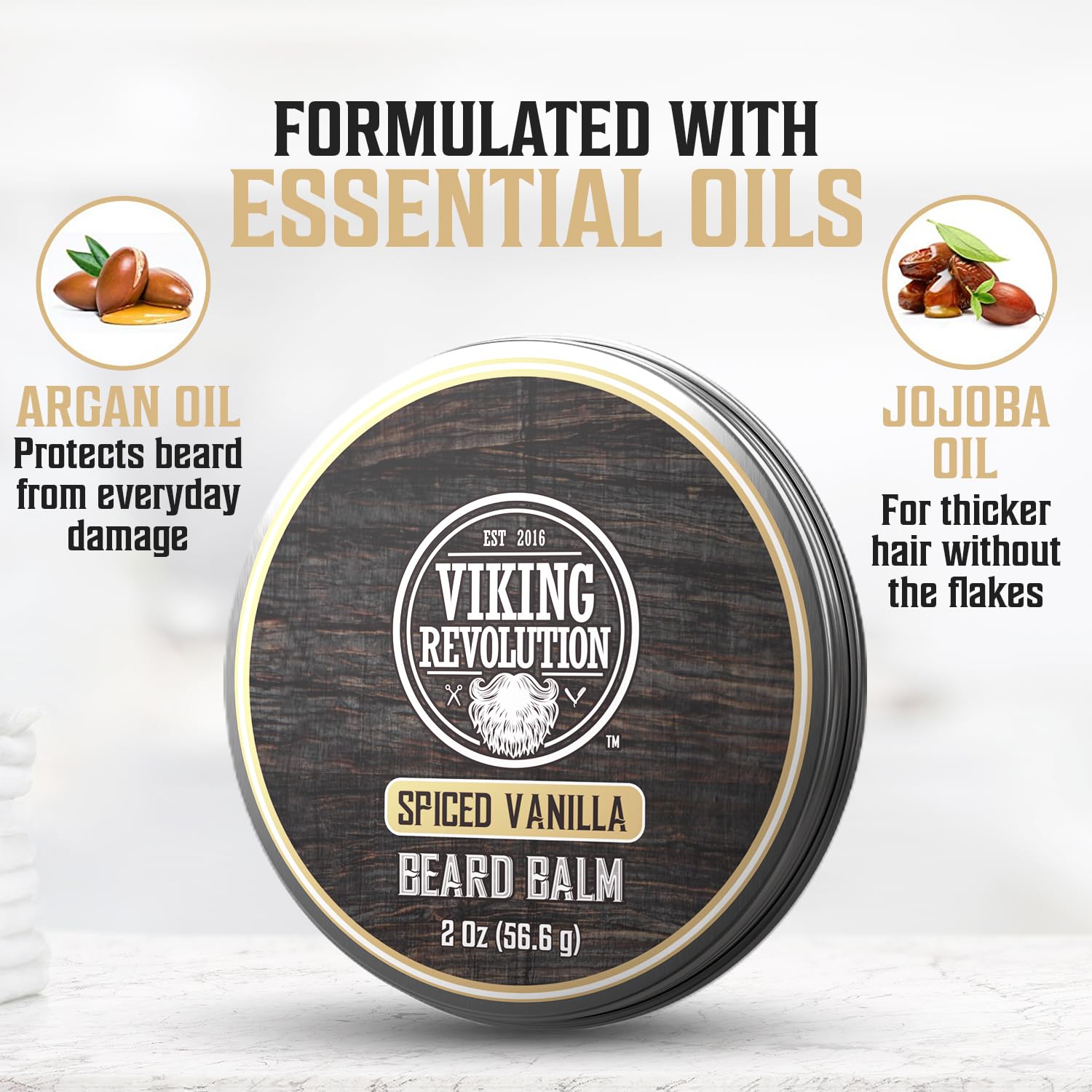 Baume barbe Viking Revolution, focus cire d'abeille, maintien et brillance naturelle.