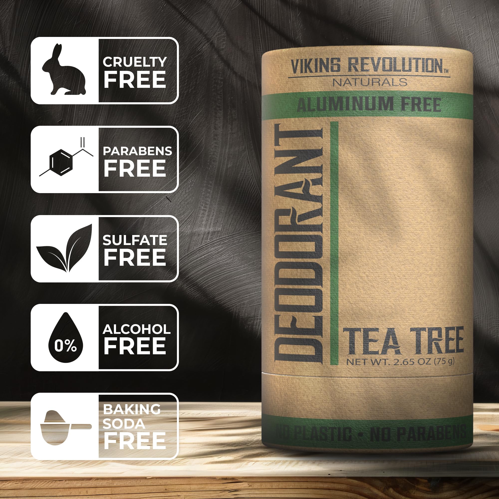 Étiquette claire et design du déodorant Tea Tree Viking Revolution.