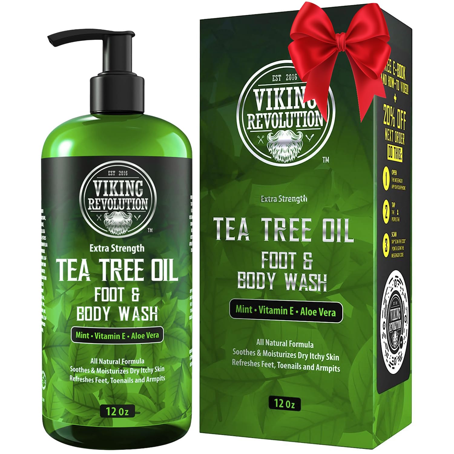 Bouteille Viking Revolution gel douche arbre à thé prête pour une douche rafraîchissante.