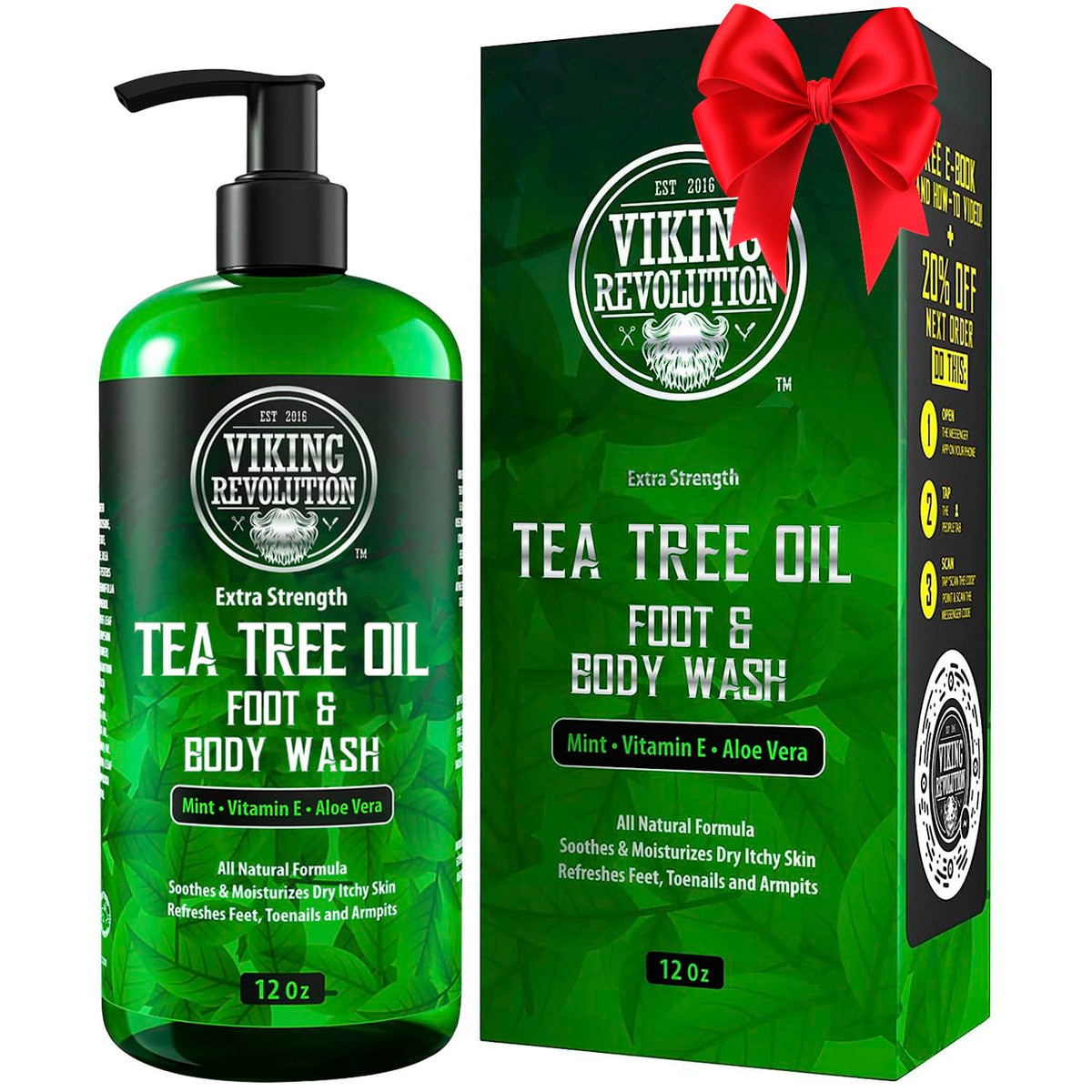 Bouteille Viking Revolution gel douche arbre à thé prête pour une douche rafraîchissante.