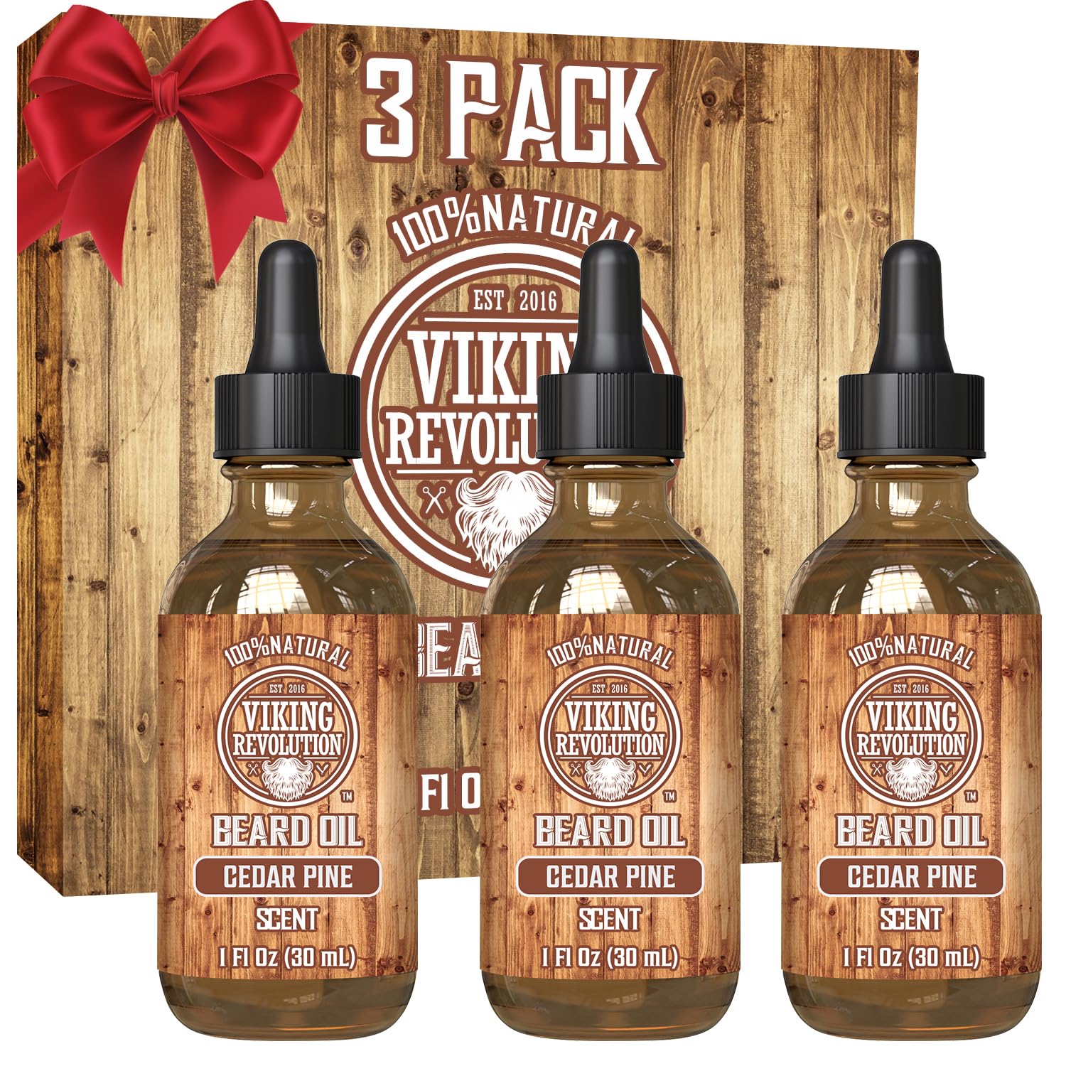 Viking Revolution Beard Oil flacon cèdre et pin, douceur visible.
