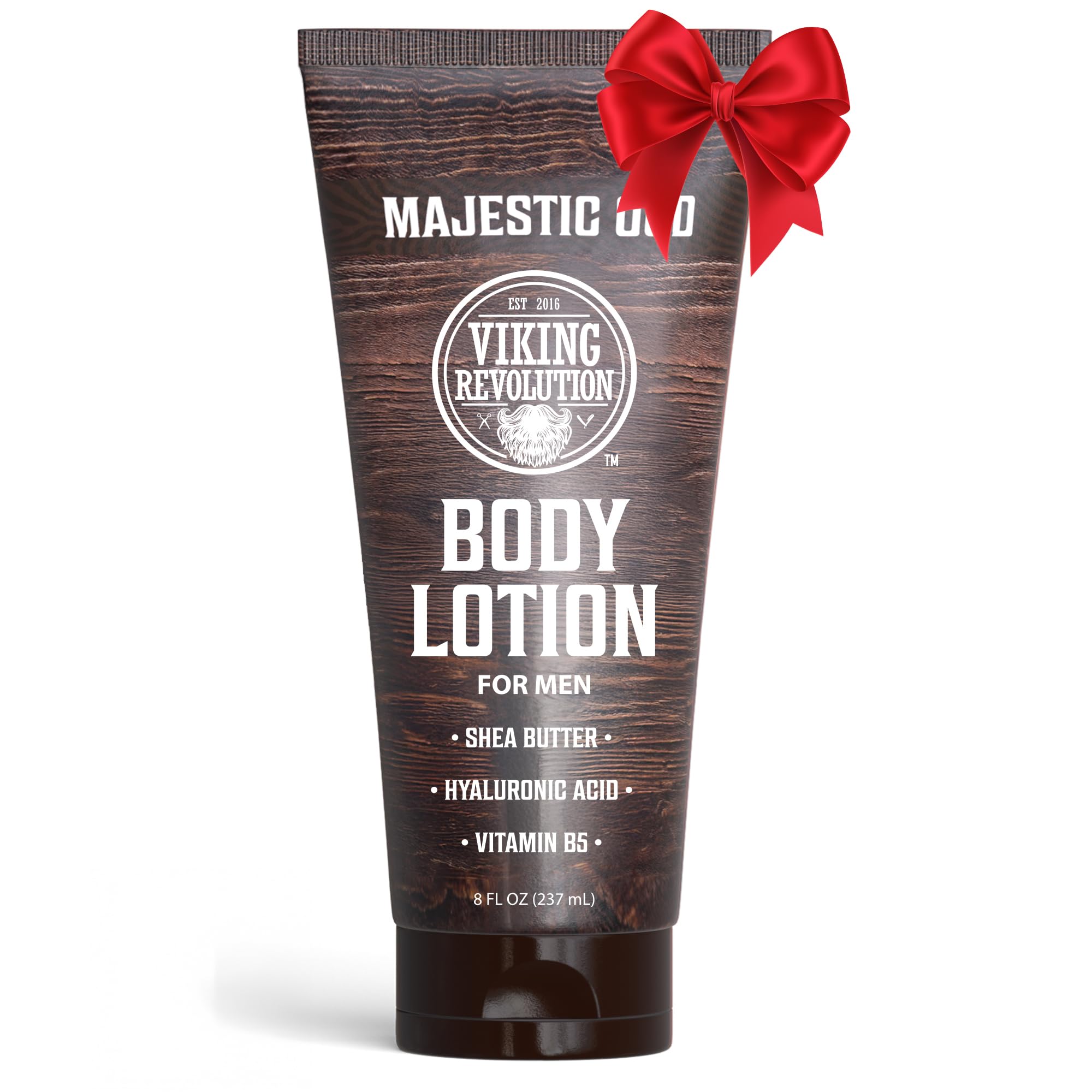 Lotion Viking Revolution Oud Majestueux, flacon 8oz, hydratation durable pour la peau masculine.