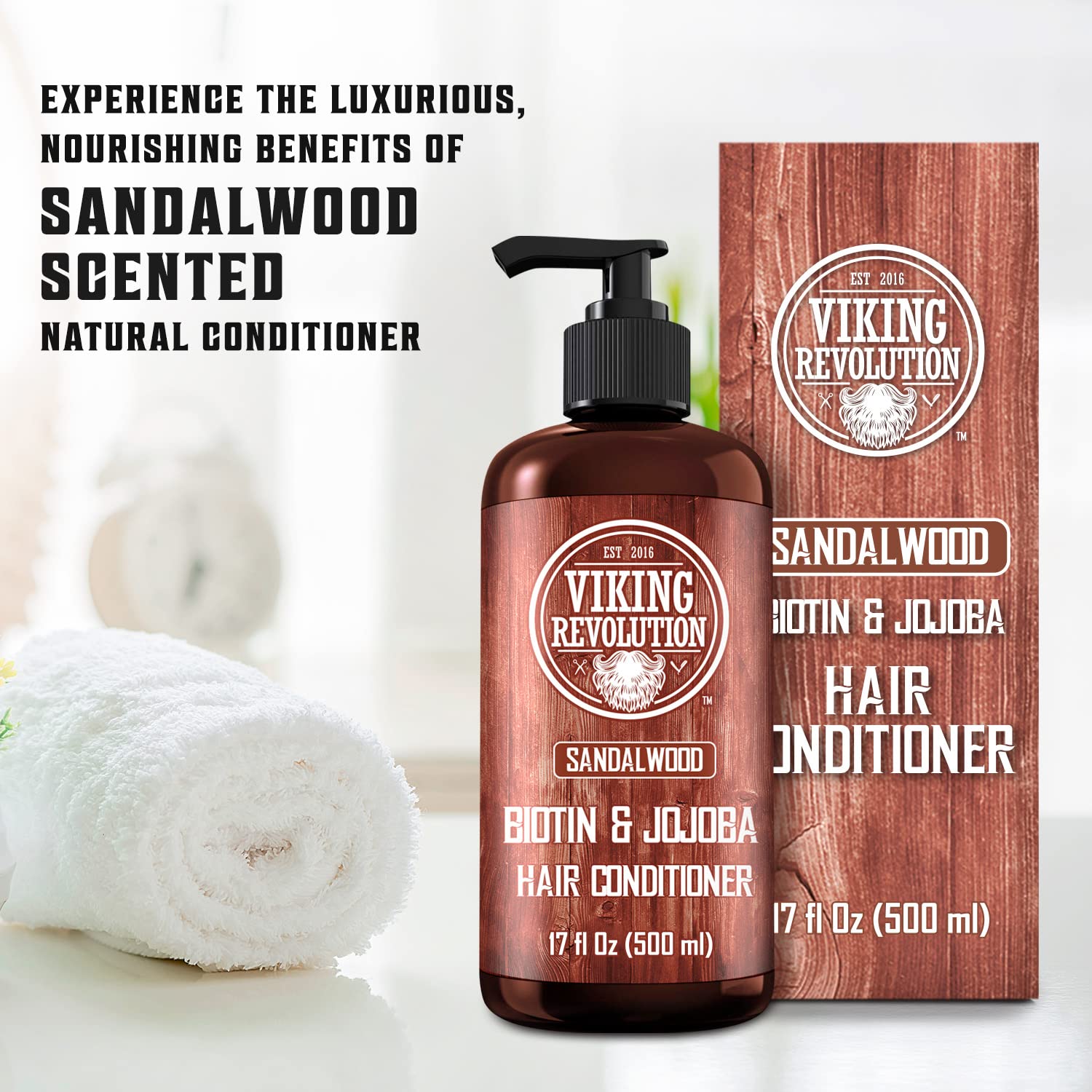Viking Revolution sandalwood conditioner sits in shower for daily grooming.