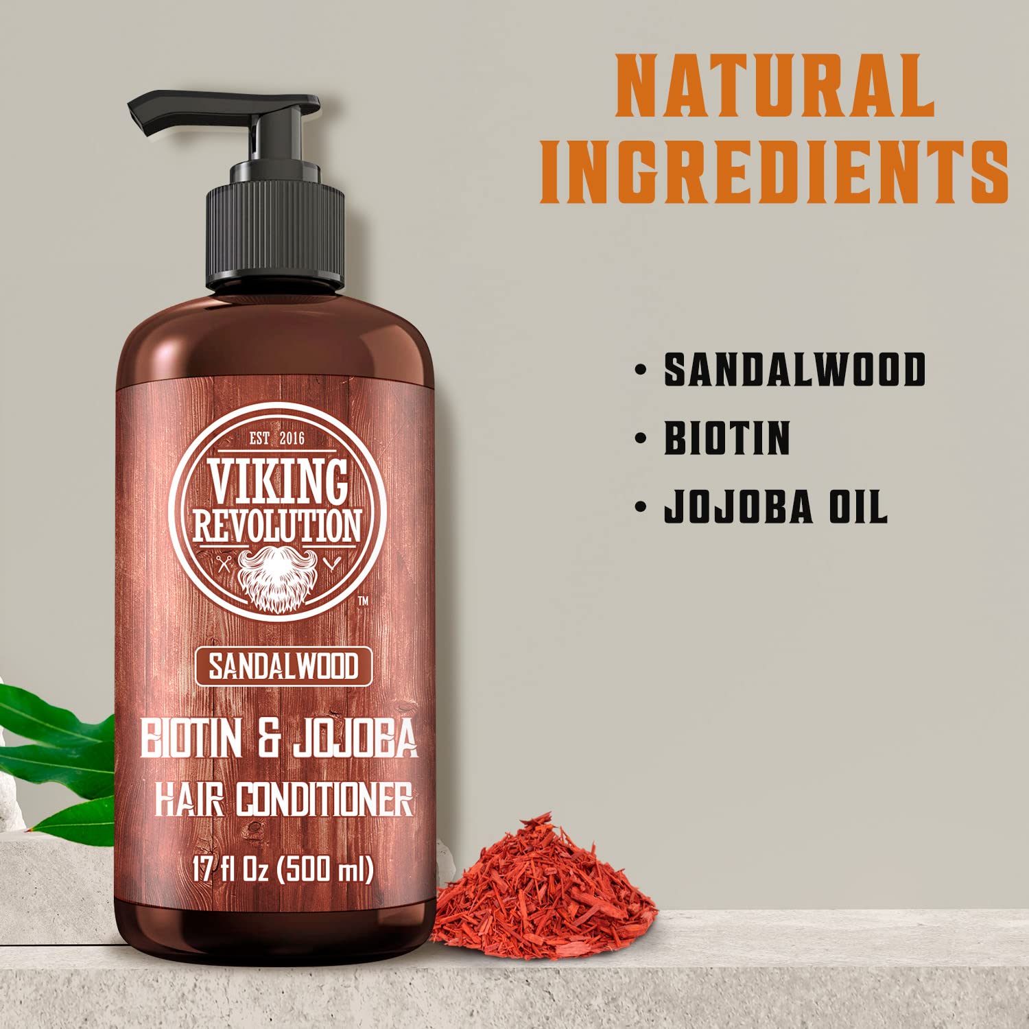 Viking Revolution sandalwood conditioner label highlights biotin and jojoba for nourished-looking hair.