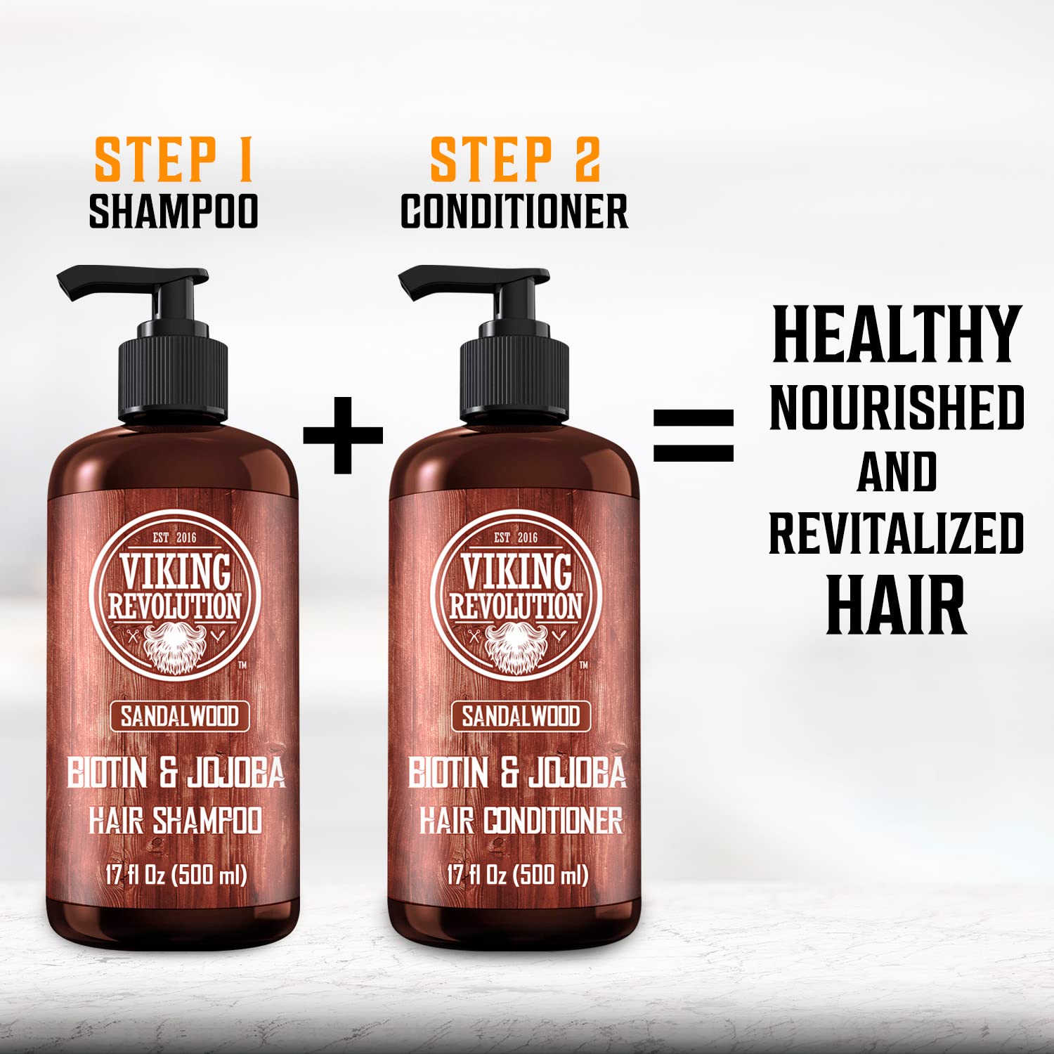 Viking Revolution sandalwood conditioner on shelf beside towel implies smoother hair.