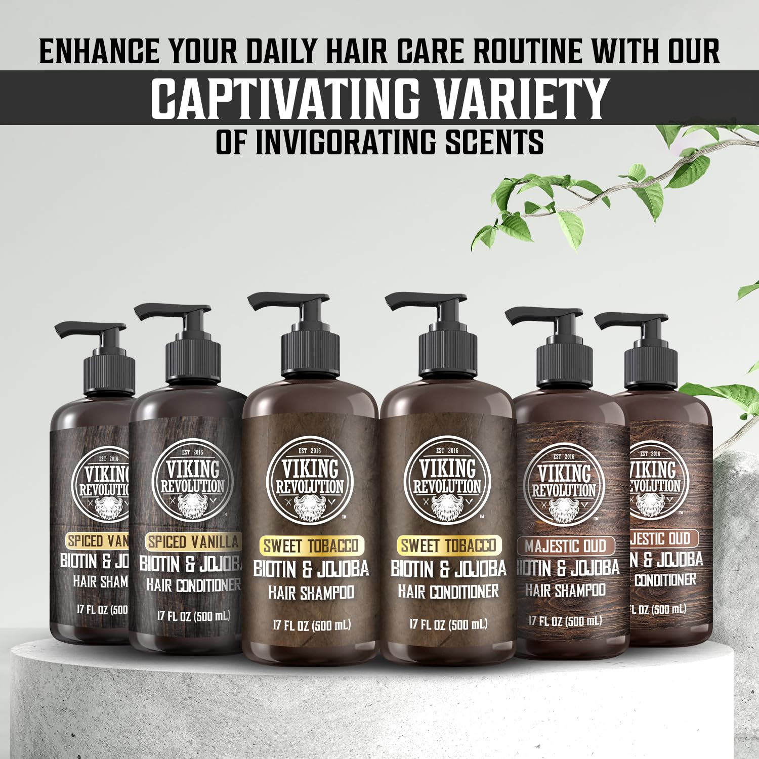 Routine masculine Viking Revolution Spiced Vanilla avec biotine et jojoba, cheveux plus faciles à dompter.