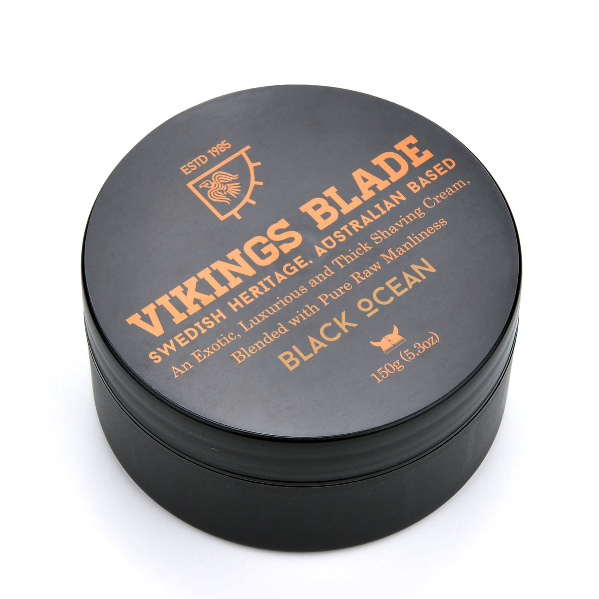 Flacon Vikings Blade crème rasage noir océan, texture luxueuse et parfum rafraîchissant.