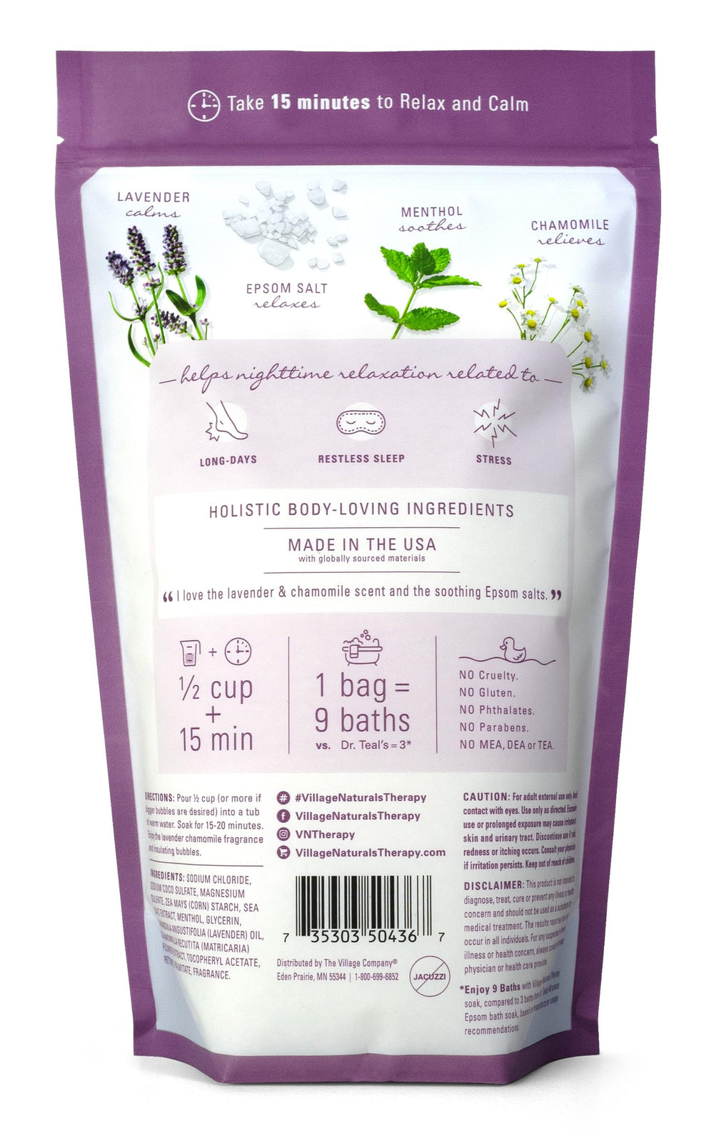 Village Naturals Therapy bouteille moussante avec bulles pour un bain apaisant.